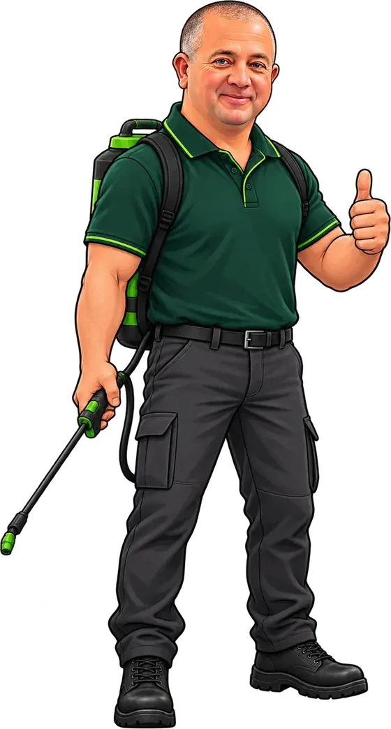 Caricature of Brad King in a green work polo with a backpack sprayer, giving a thumbs up
